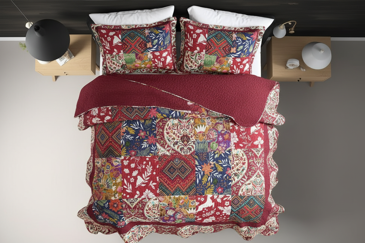 Overhead top-down view of vintage floral patchwork quilt set with two matching pillowcases on a bed