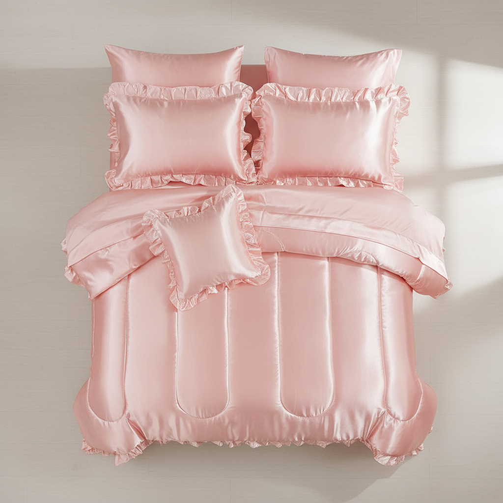 Flat lay overhead shot of pink satin ruffle comforter set with pillowcases and cushion cover
