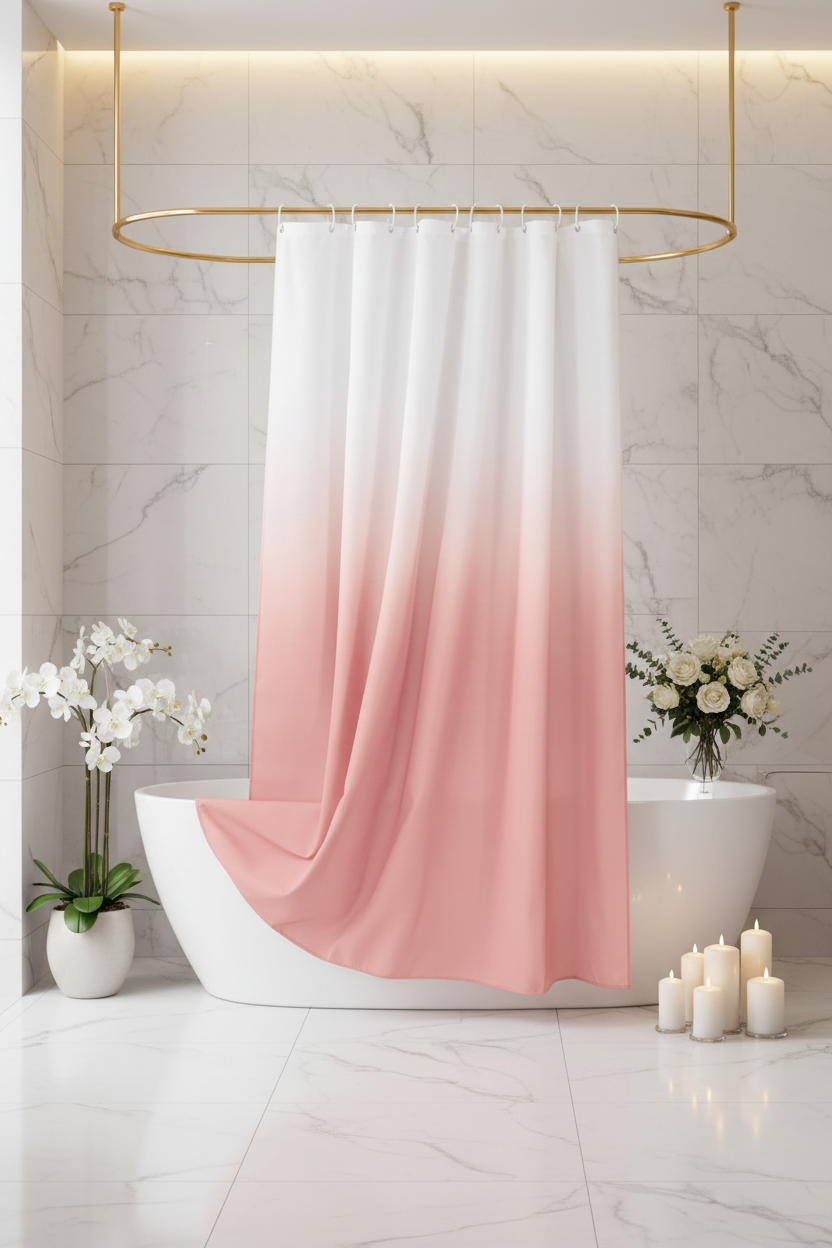 White to blush pink ombre shower curtain in a luxurious marble spa bathroom with gold fixtures, candles and fresh flowers