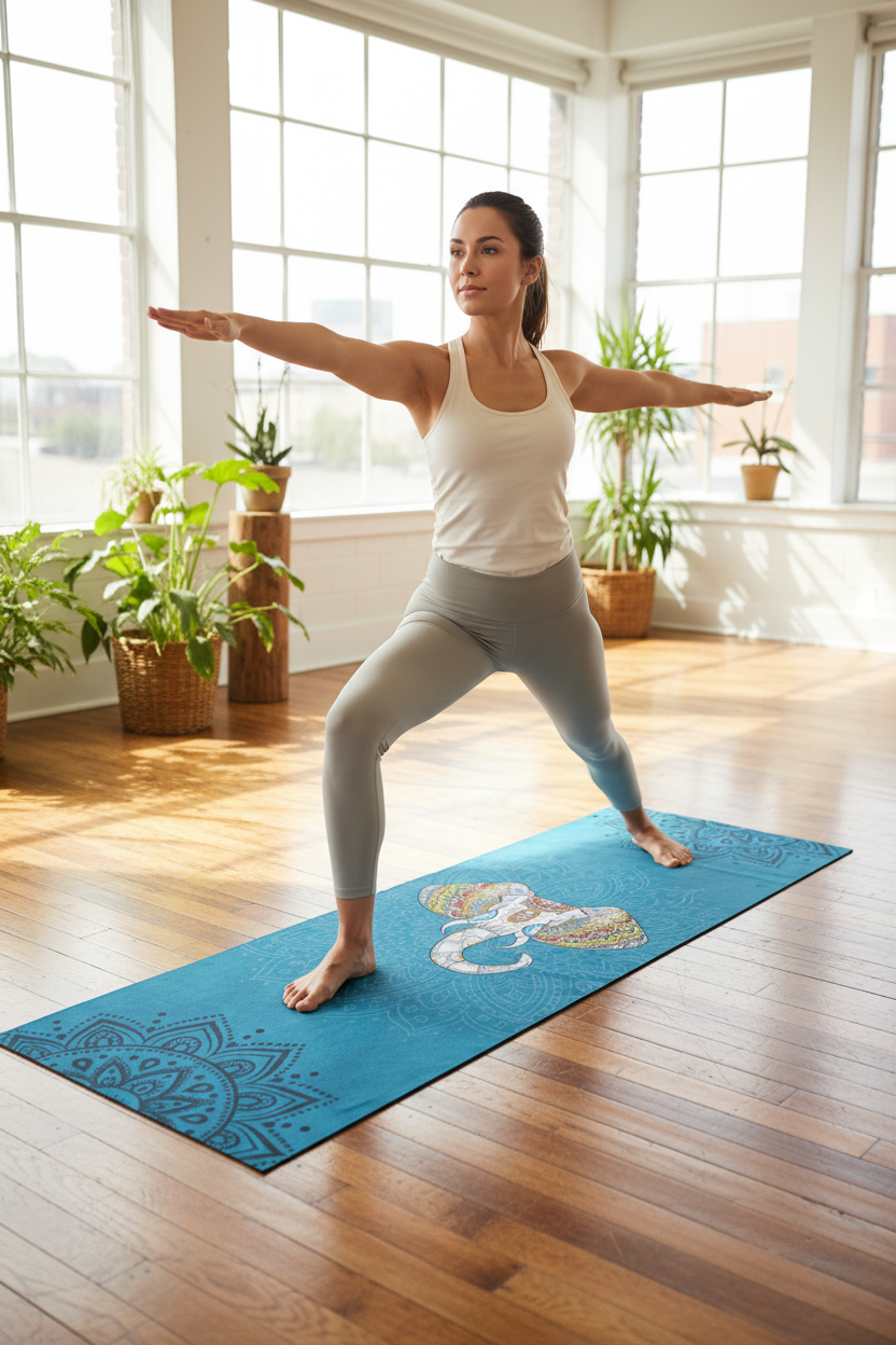 Woman in warrior yoga pose on a teal blue mandala elephant yoga towel in a bright studio