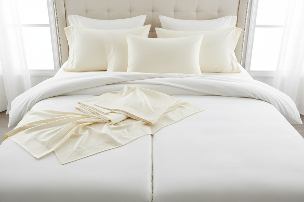 Cream 7-piece extra deep split king sheet set - top down flat lay