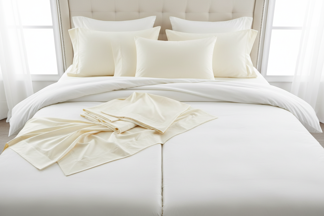 Cream 7-piece extra deep split king sheet set - top down flat lay