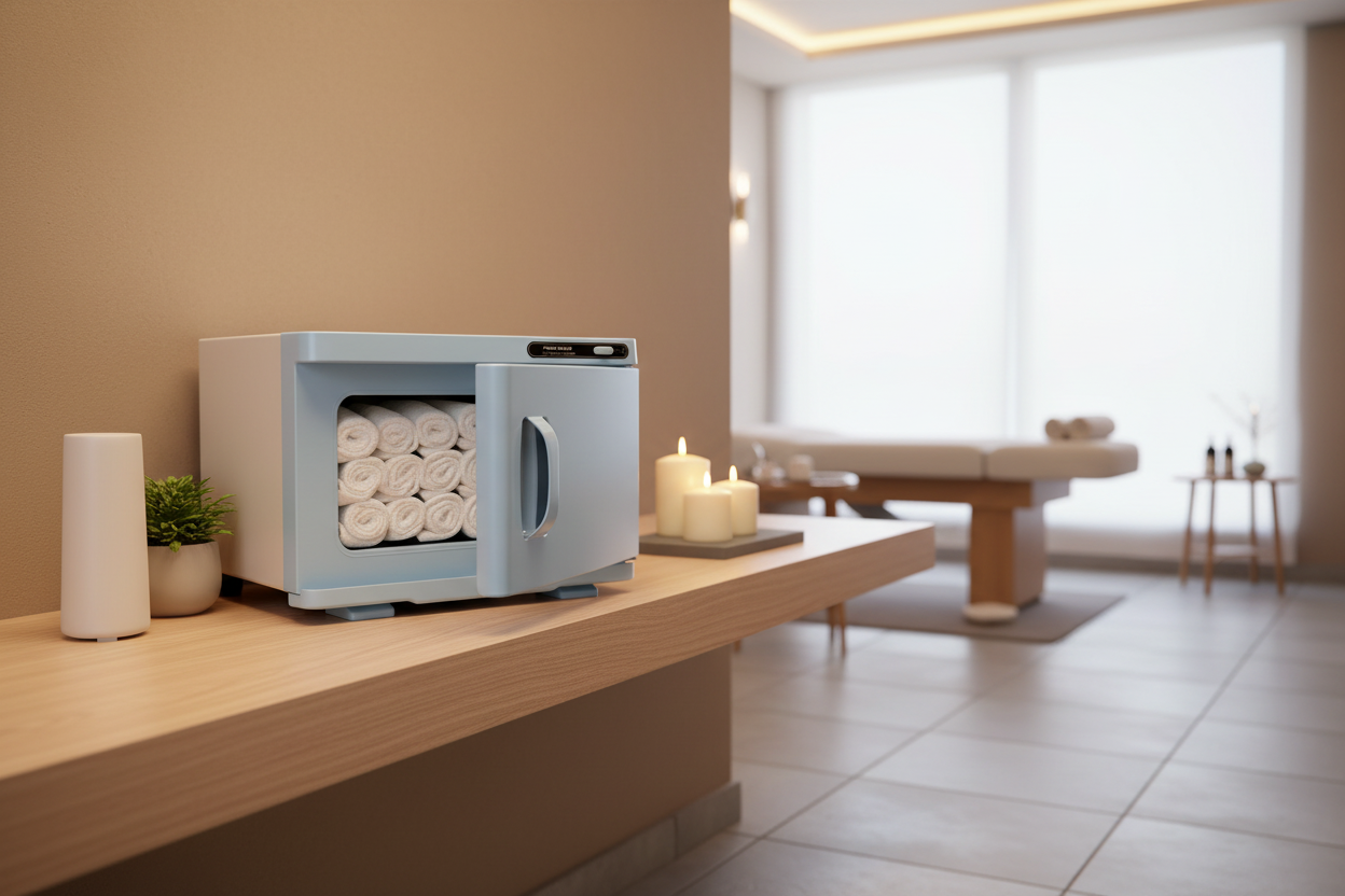 8L blue hot towel warmer cabinet - placed in luxury spa treatment room with candles