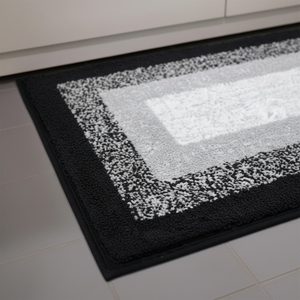 Close-up of black and white gradient border shaggy microfiber bath rug pile texture