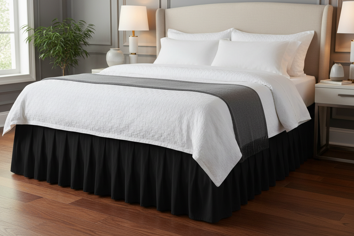 Black pleated microfiber bed skirt on bed
