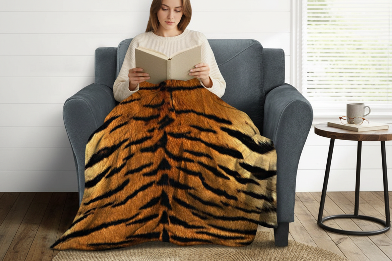 Tiger Flannel Throw Blanket draped over a woman's lap as she reads in an armchair