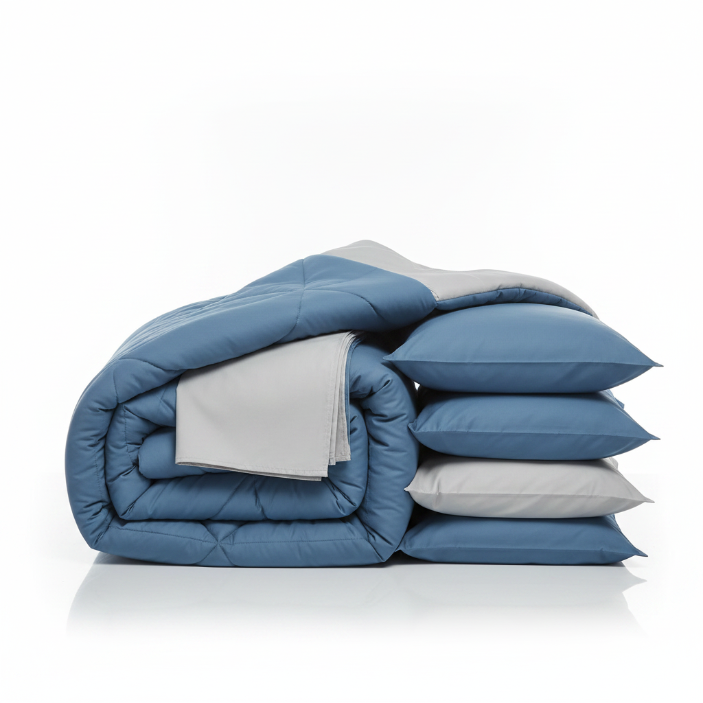 Blue and grey reversible microfibre 7-piece king bed-in-a-bag set neatly folded and stacked on white background