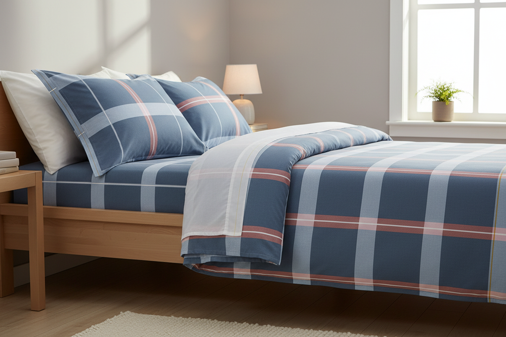 Side angle view of bed dressed in blue plaid cotton sheet set in a cosy Scandinavian bedroom