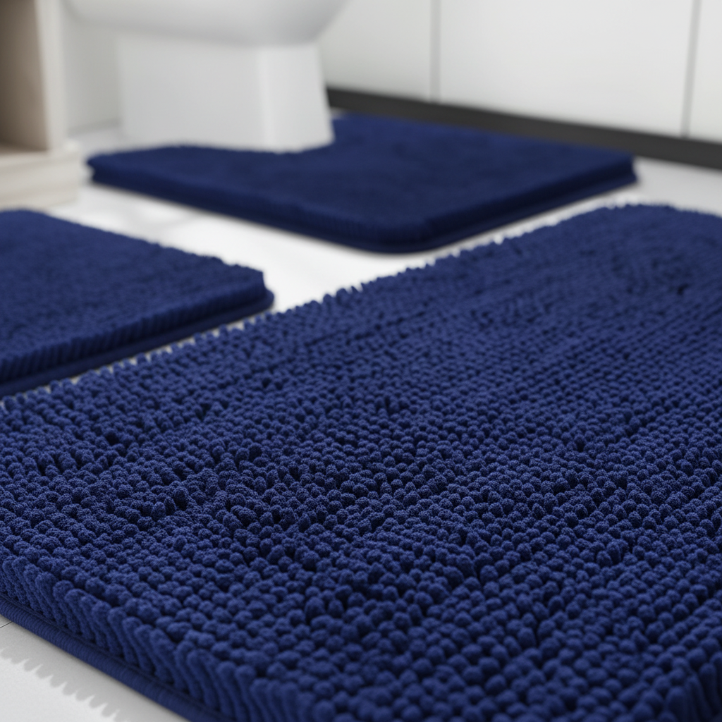 Close-up of navy blue chenille bath rug showing soft plush pile texture