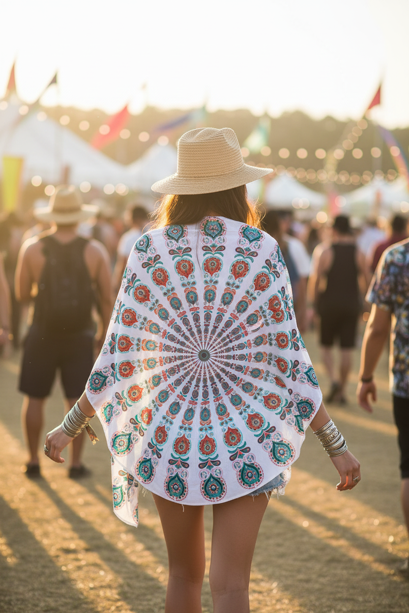 Woman wearing White Mandala Beach Throw Blanket as a shawl at a summer festival