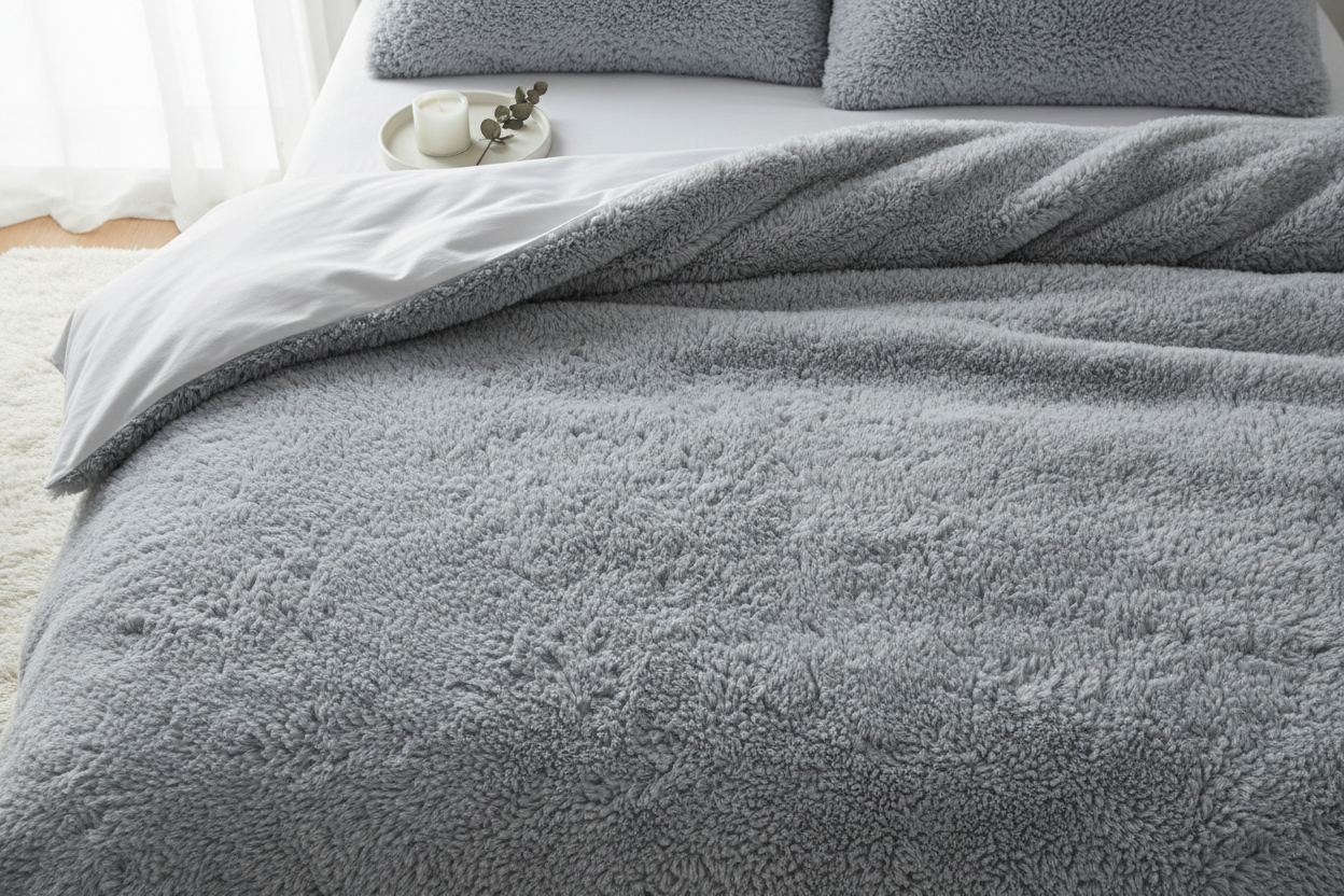 Overhead flat lay close-up of light grey faux fur plush sheet set showing texture detail