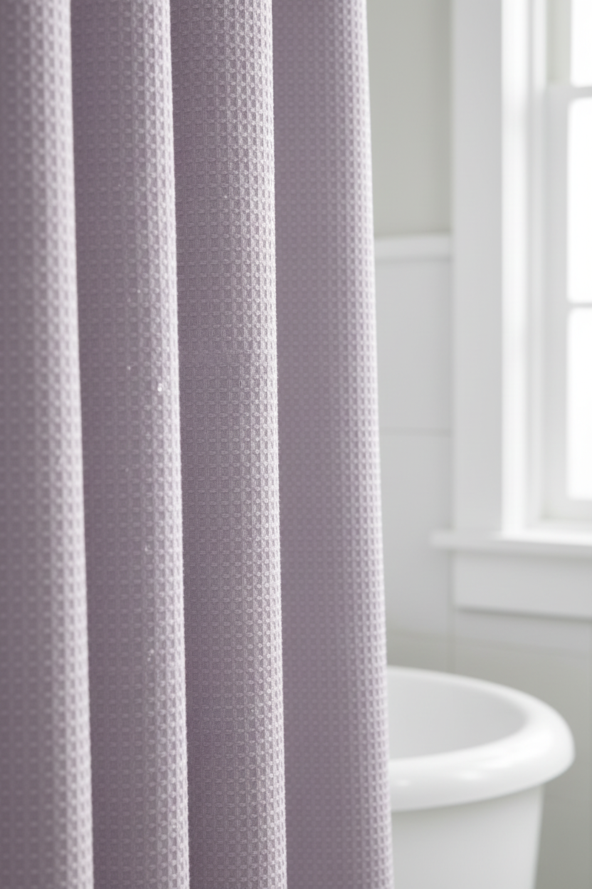 Close-up of dusty lavender waffle shower curtain showing raised honeycomb 3D texture in natural light