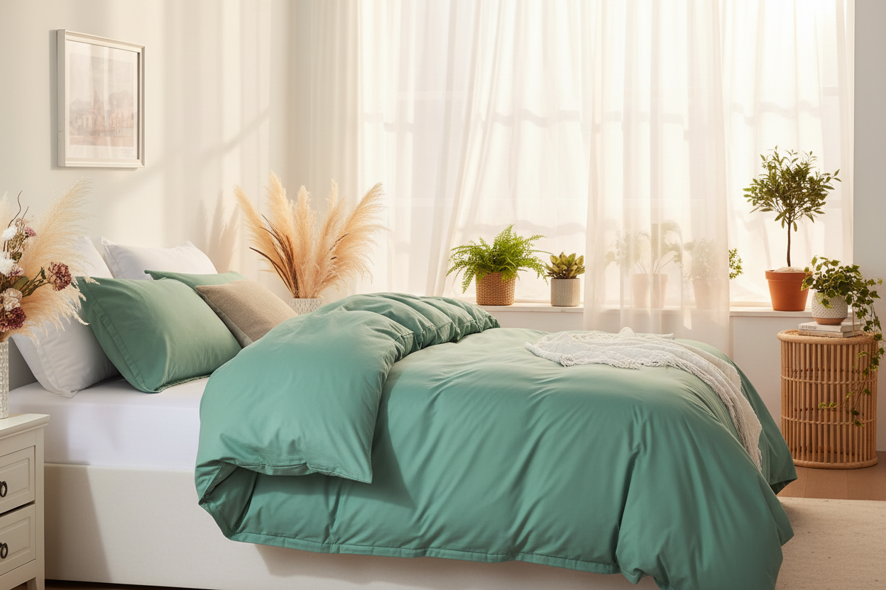 Basil Green Duvet Cover Set - Botanical Bedroom