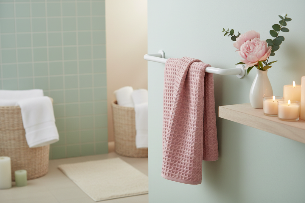 Pink cotton waffle bath towel draped over a white towel rail in a pastel bathroom