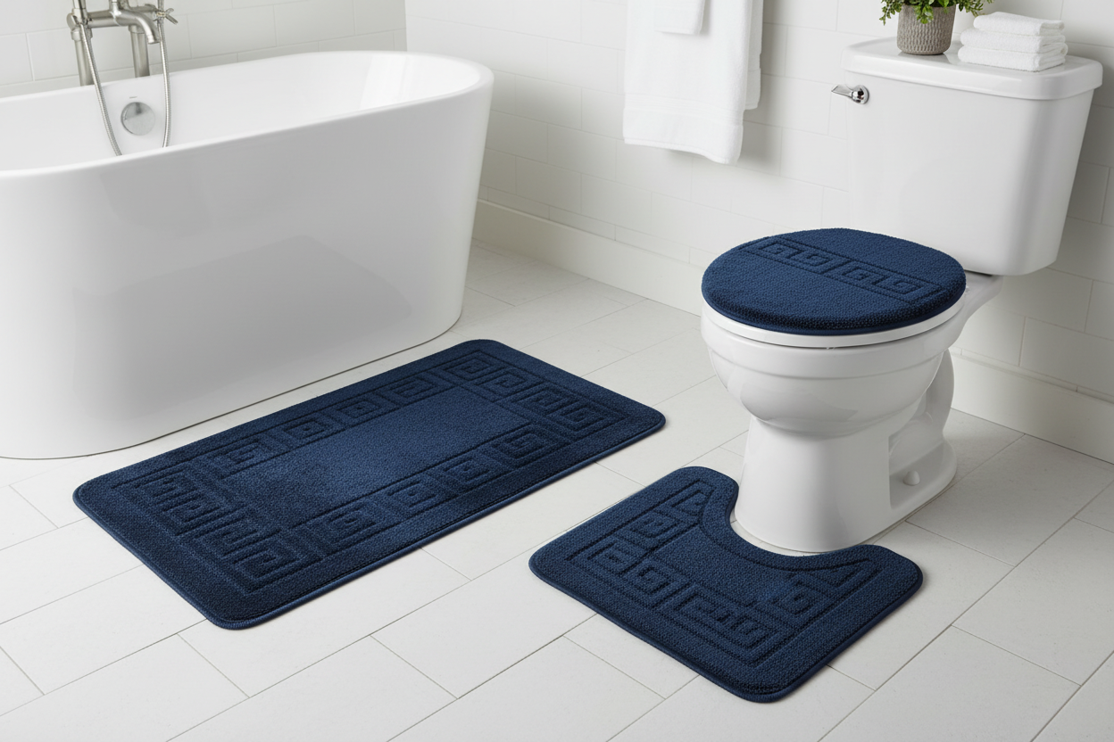 Navy blue 3-piece bath rug set with Greek key pattern laid out in bathroom