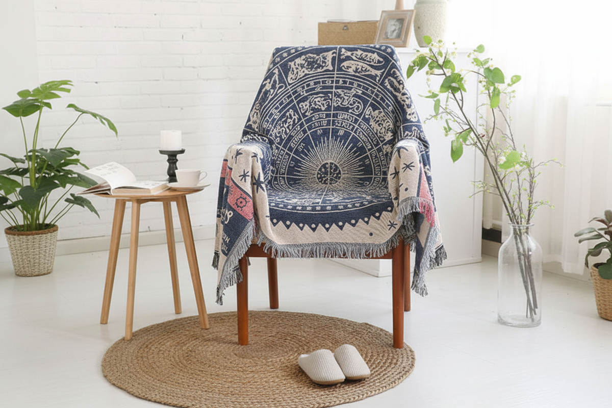 Constellation Nordic Knitted Throw Blanket draped over an armchair in a boho living room
