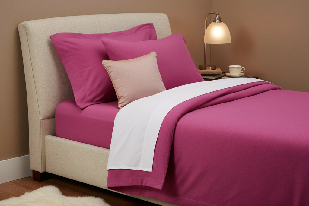 Fuchsia single bed sheet set - headboard and pillowcase view