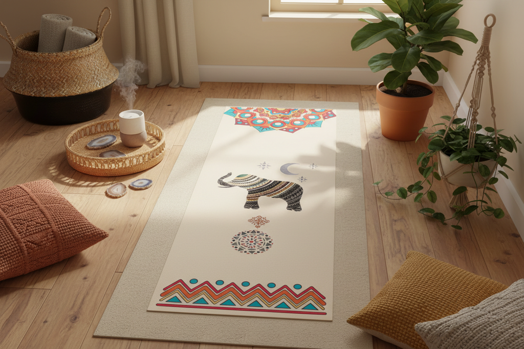 Cream ivory mandala elephant yoga towel with colourful boho border in a warm rattan setting