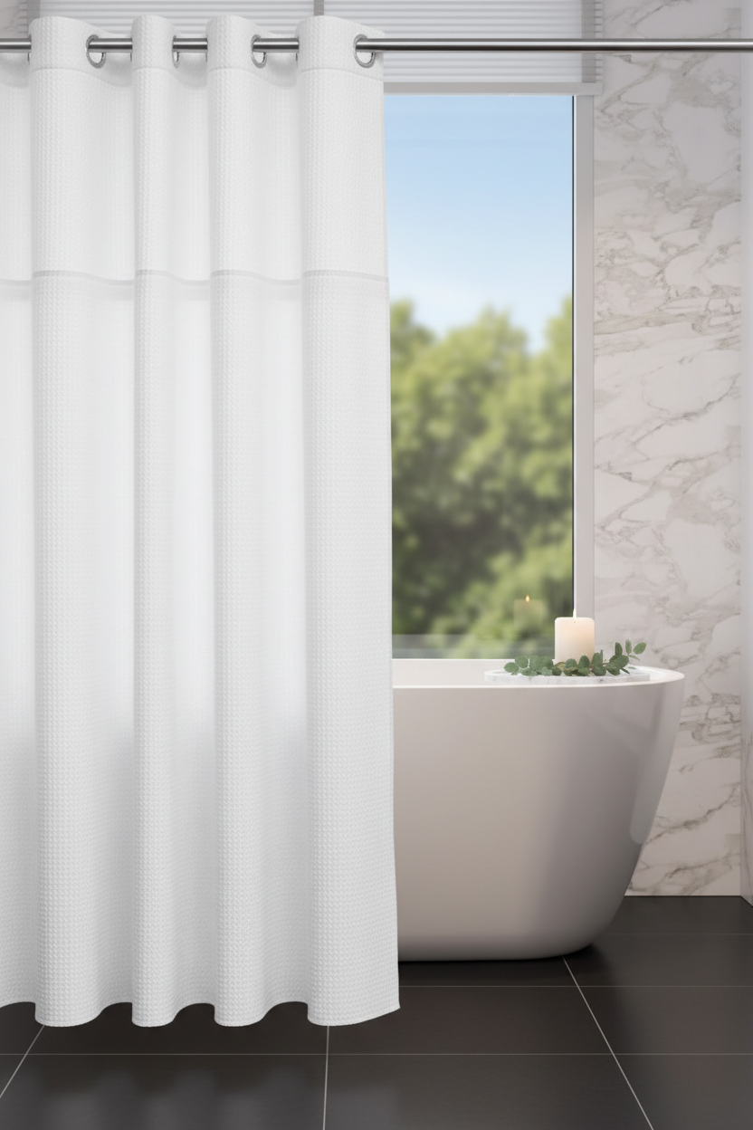 White waffle weave shower curtain partially drawn revealing freestanding bath with eucalyptus and candle