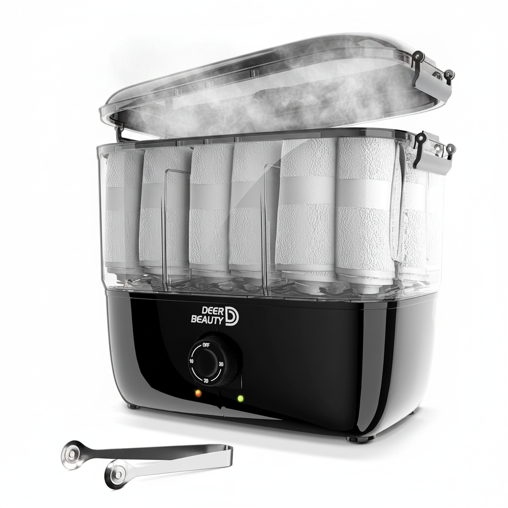 Close-up of black towel steamer warmer with lid open showing rolled white towels and steam rising