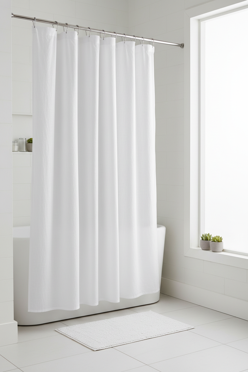 Full-length white shower curtain on chrome rod showing stall proportions with hooks