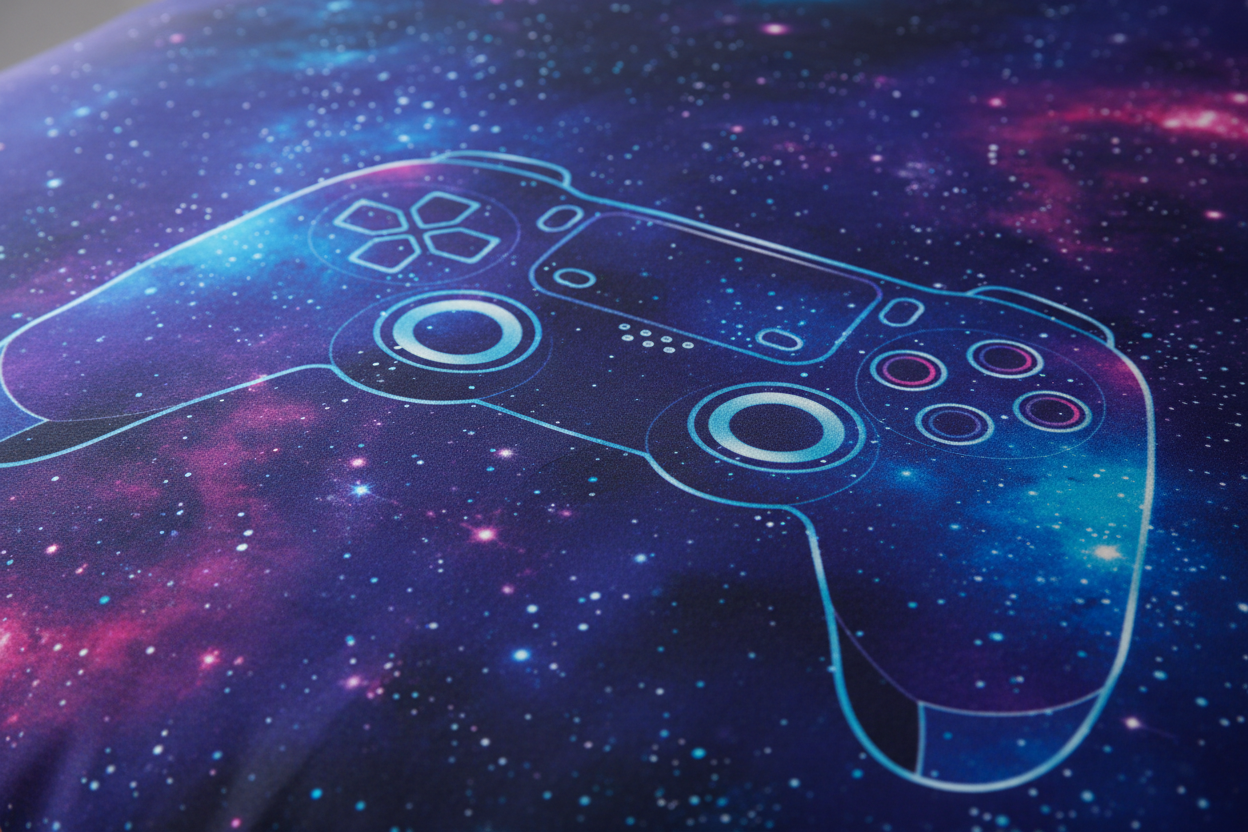 Close-up of galaxy gamepad print on soft microfibre duvet cover