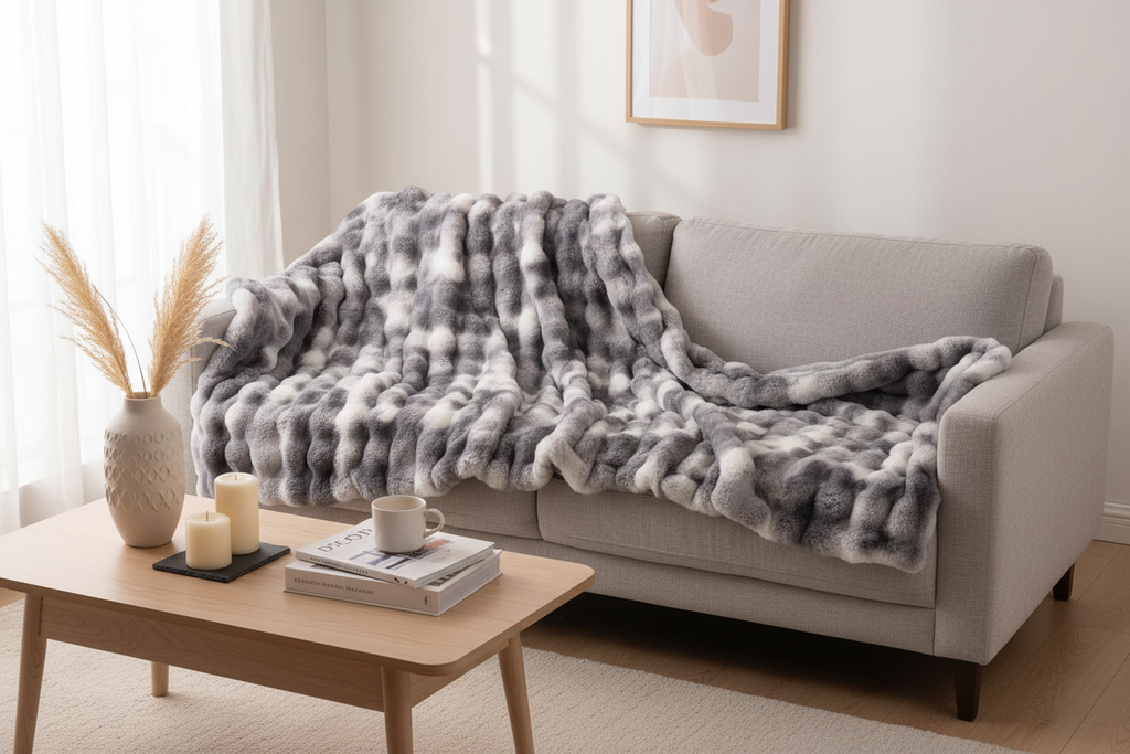 Tie-Dye Faux Fur Blanket draped over a neutral sofa in a cosy living room
