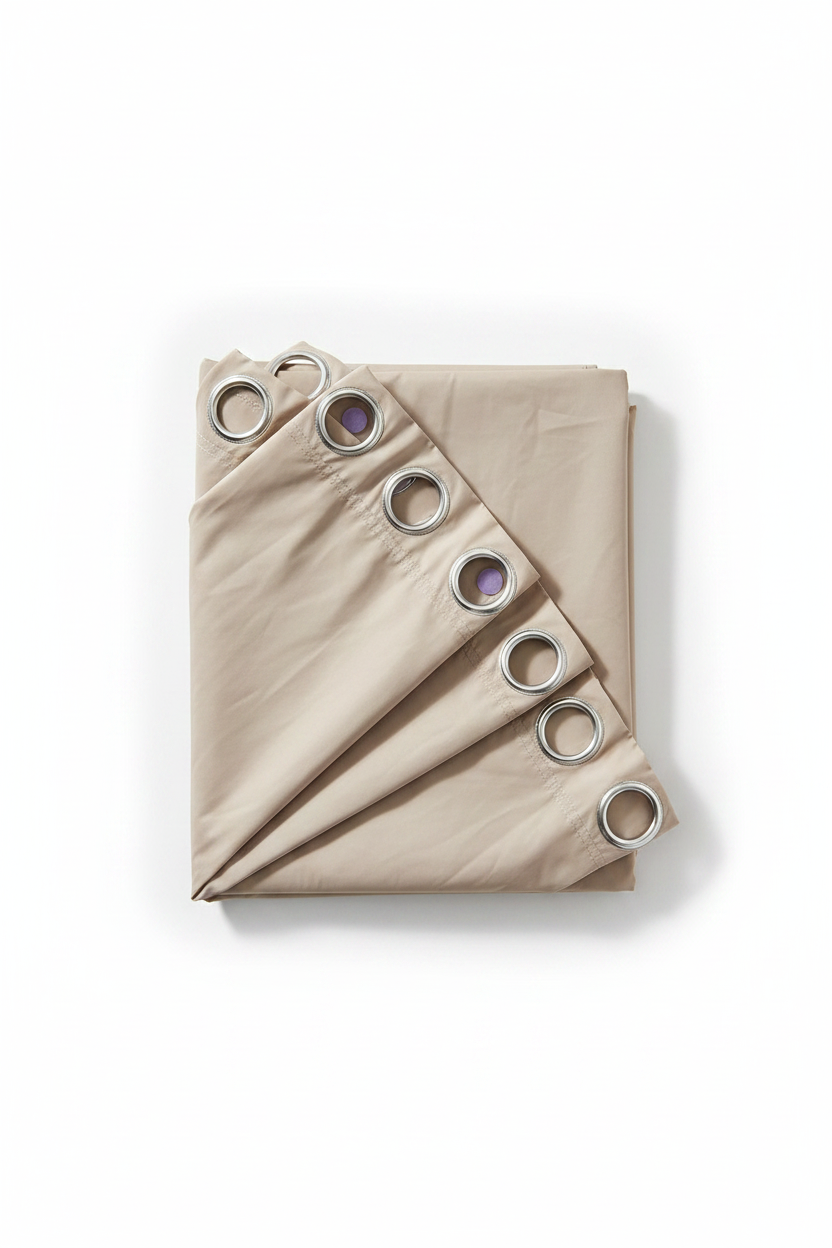 Flat lay of taupe PVC shower curtain liner showing metal grommets and weighted magnets
