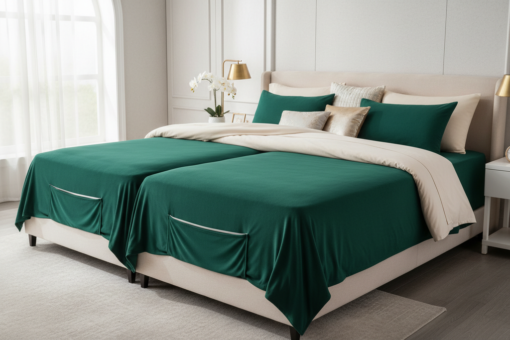Emerald green extra deep split king sheet set on adjustable bed