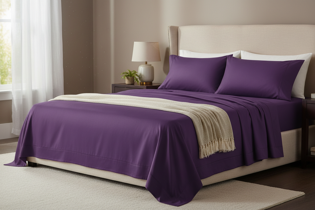 Purple Egyptian Cotton Bed Sheets - foot of bed view