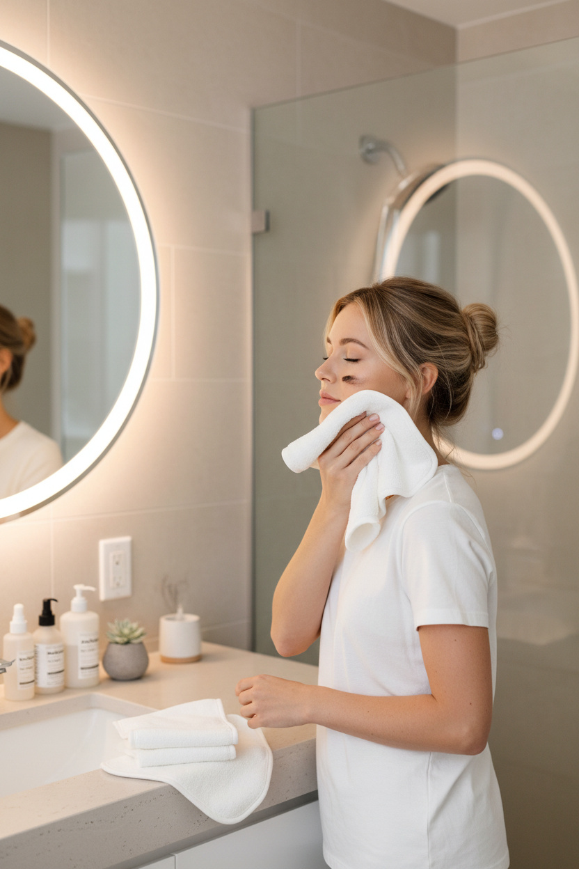 Woman using a soft white plush bamboo washcloth to remove makeup at a bathroom mirror