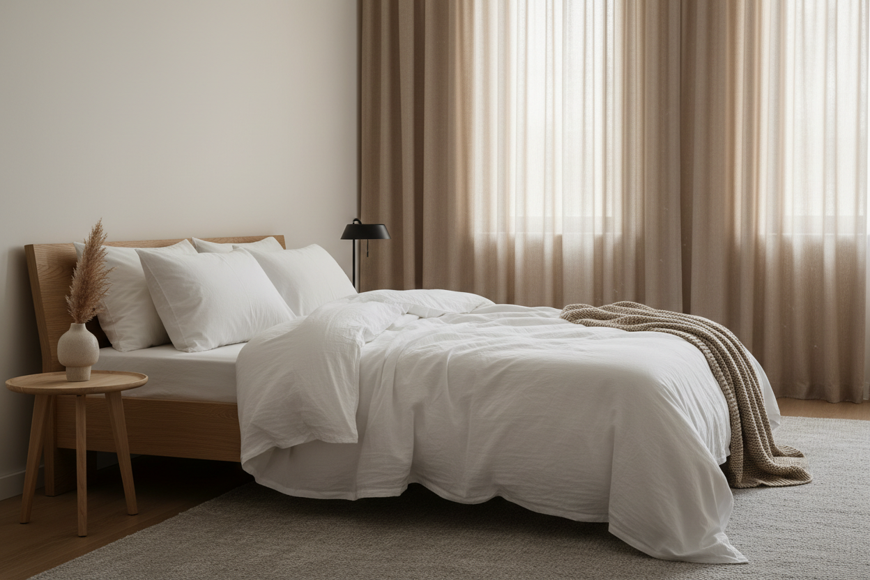 White cotton muslin duvet cover set styled on a king bed in a minimalist Scandinavian bedroom