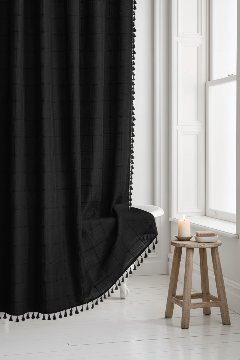 Black linen tassel shower curtain partially drawn revealing white clawfoot bathtub