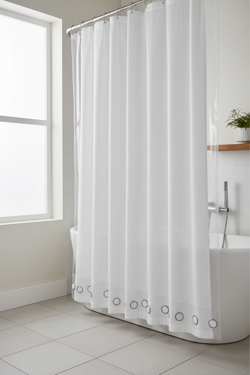 Clear shower curtain liner paired with white fabric curtain showing magnetic weights at hem