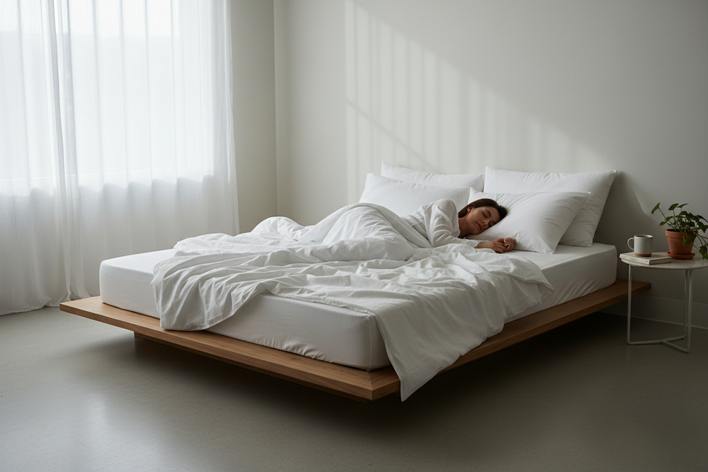 Lifestyle shot of person sleeping in white organic cotton percale sheets