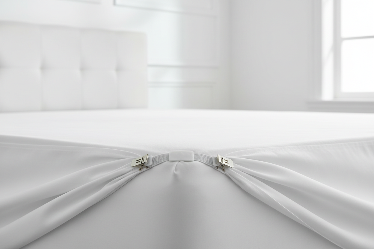 Bed sheet corner fastener clipped to mattress corner