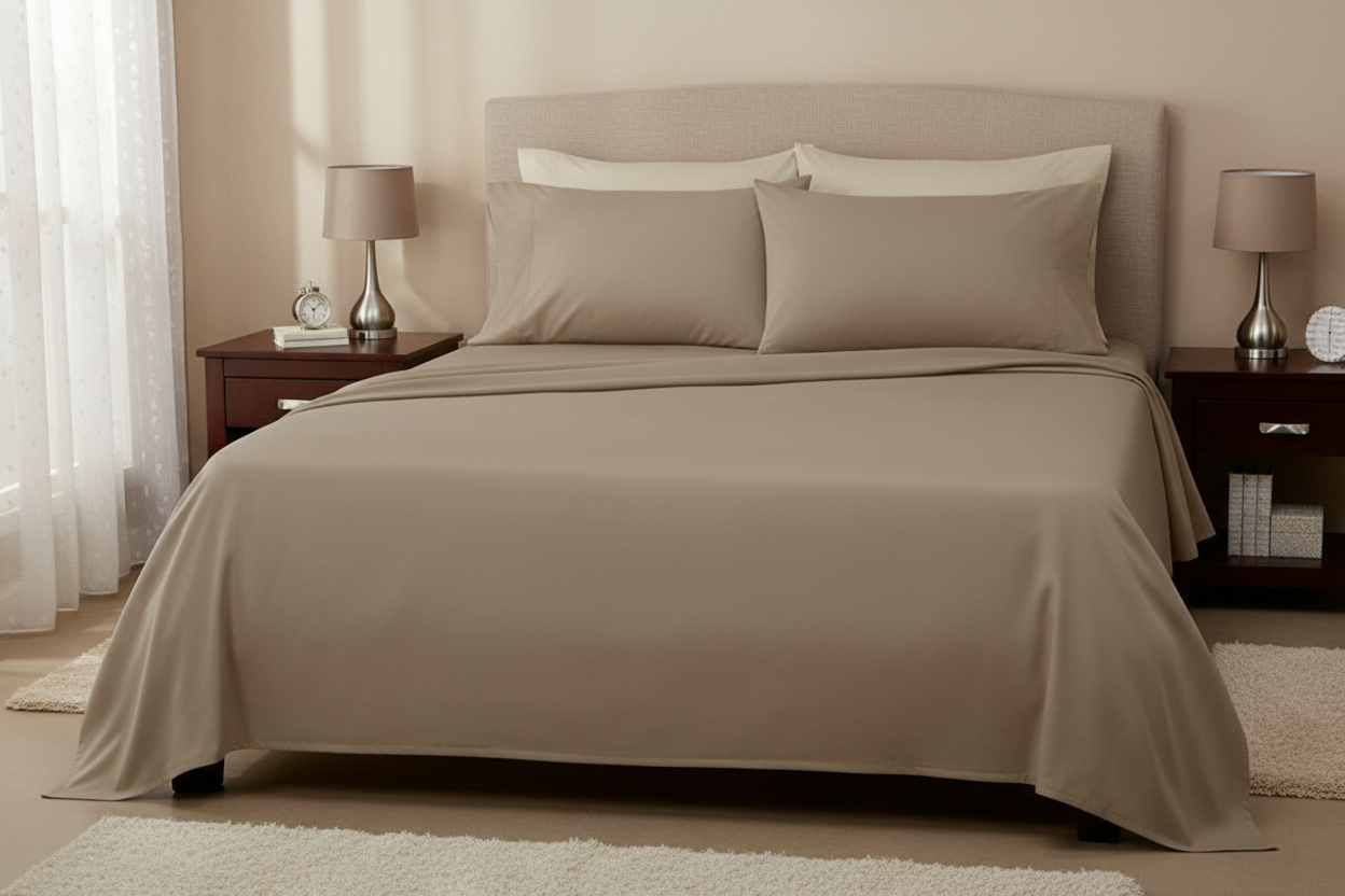 Taupe Egyptian Cotton Bed Sheets - foot of bed view