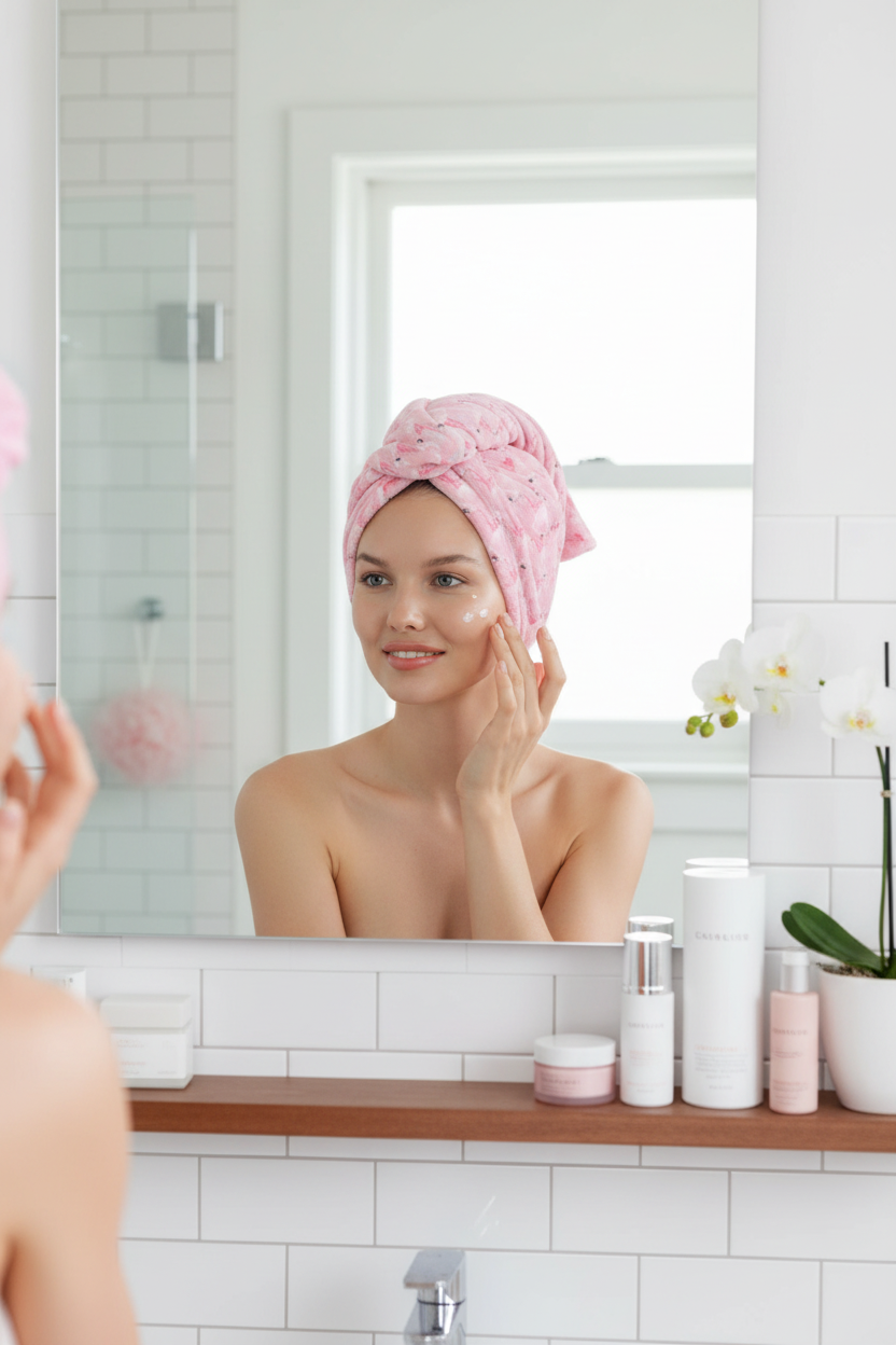 Pink flamingo microfibre hair towel wrap - woman applying skincare at bathroom mirror