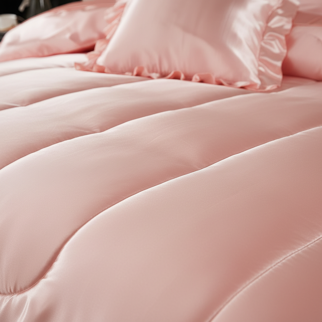 Close-up of pink satin fabric texture showing pearl-like sheen and smooth surface