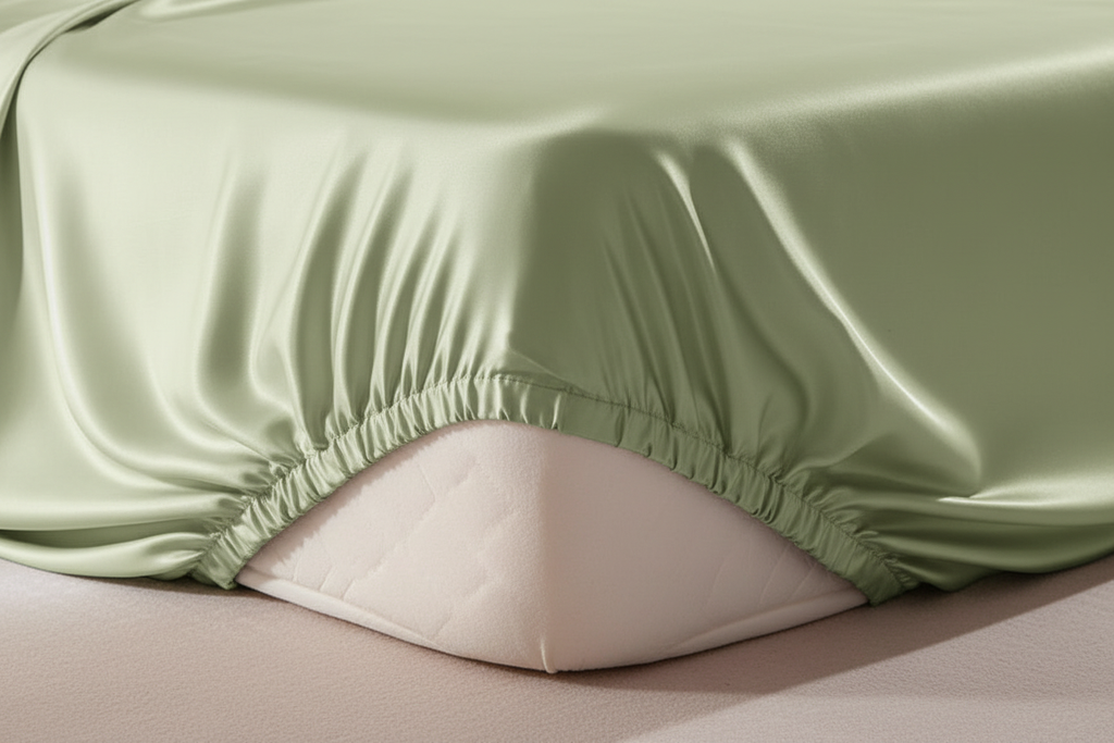 Sage satin fitted sheet corner detail showing deep elasticated pocket