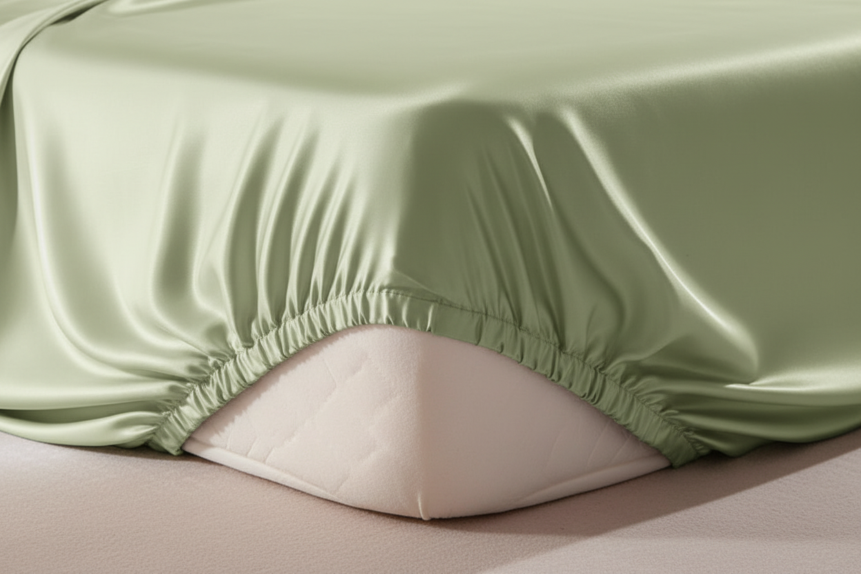 Sage satin fitted sheet corner detail showing deep elasticated pocket