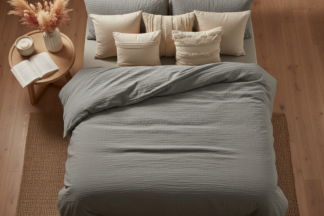 Grey seersucker duvet cover set styled on a king bed with decorative cushions and pampas grass
