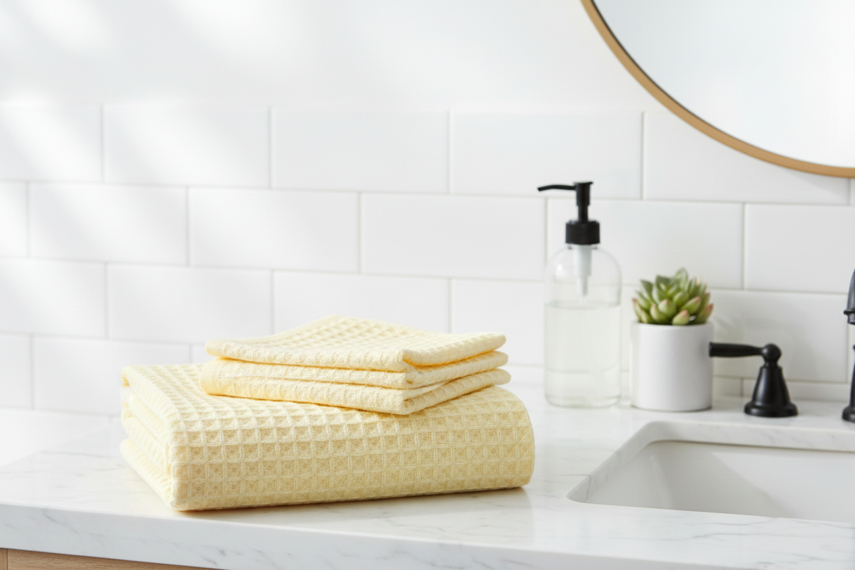 Yellow cotton waffle bath towel folded on a white marble bathroom countertop