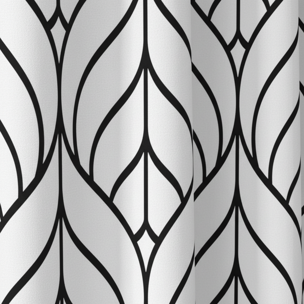 Close-up of bold black geometric leaf ogee Art Deco pattern on white shower curtain fabric