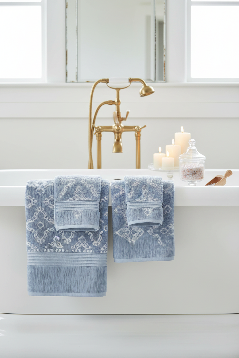 Blue jacquard bath towels draped over freestanding bathtub with candles