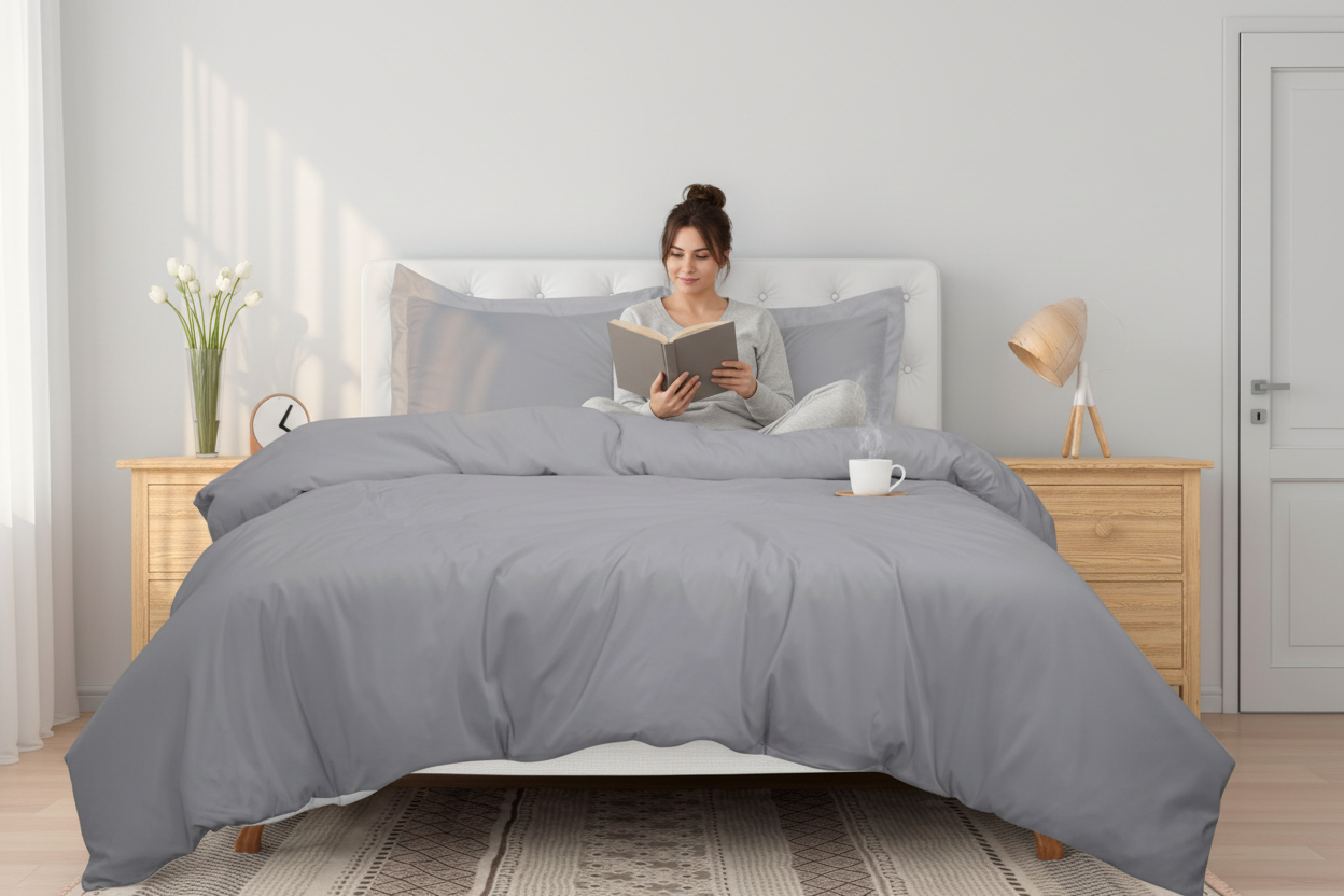 Woman reading with tea on silver grey duvet cover set, white headboard, oak bedside and morning light