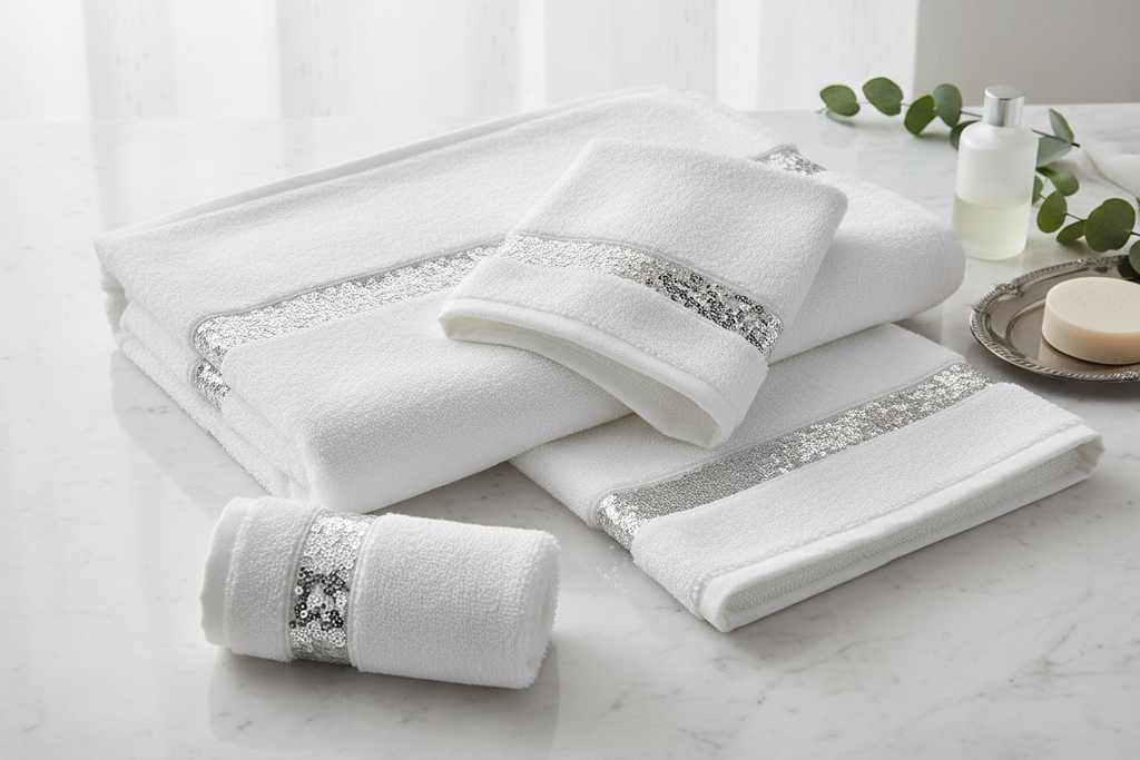 Sinatra 3-Piece Towel Set - flat lay of bath towel, hand towel and wash cloth on marble