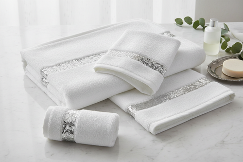 Sinatra 3-Piece Towel Set - flat lay of bath towel, hand towel and wash cloth on marble
