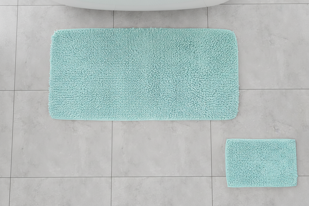 Aqua Chenille Bath Mat Set - Flat Lay