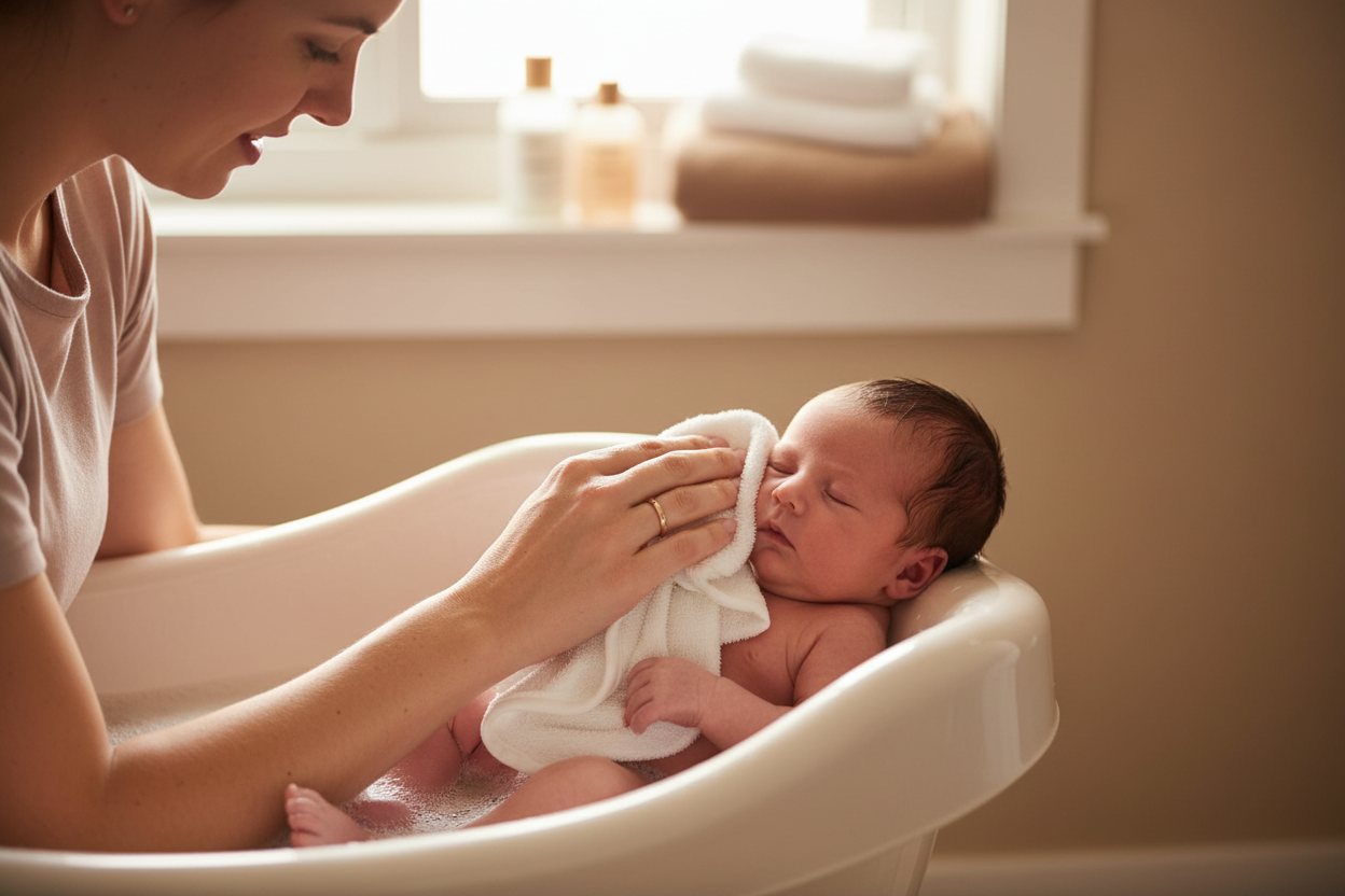 Parent gently wiping a newborn baby's face with a soft white plush bamboo washcloth during bath time
